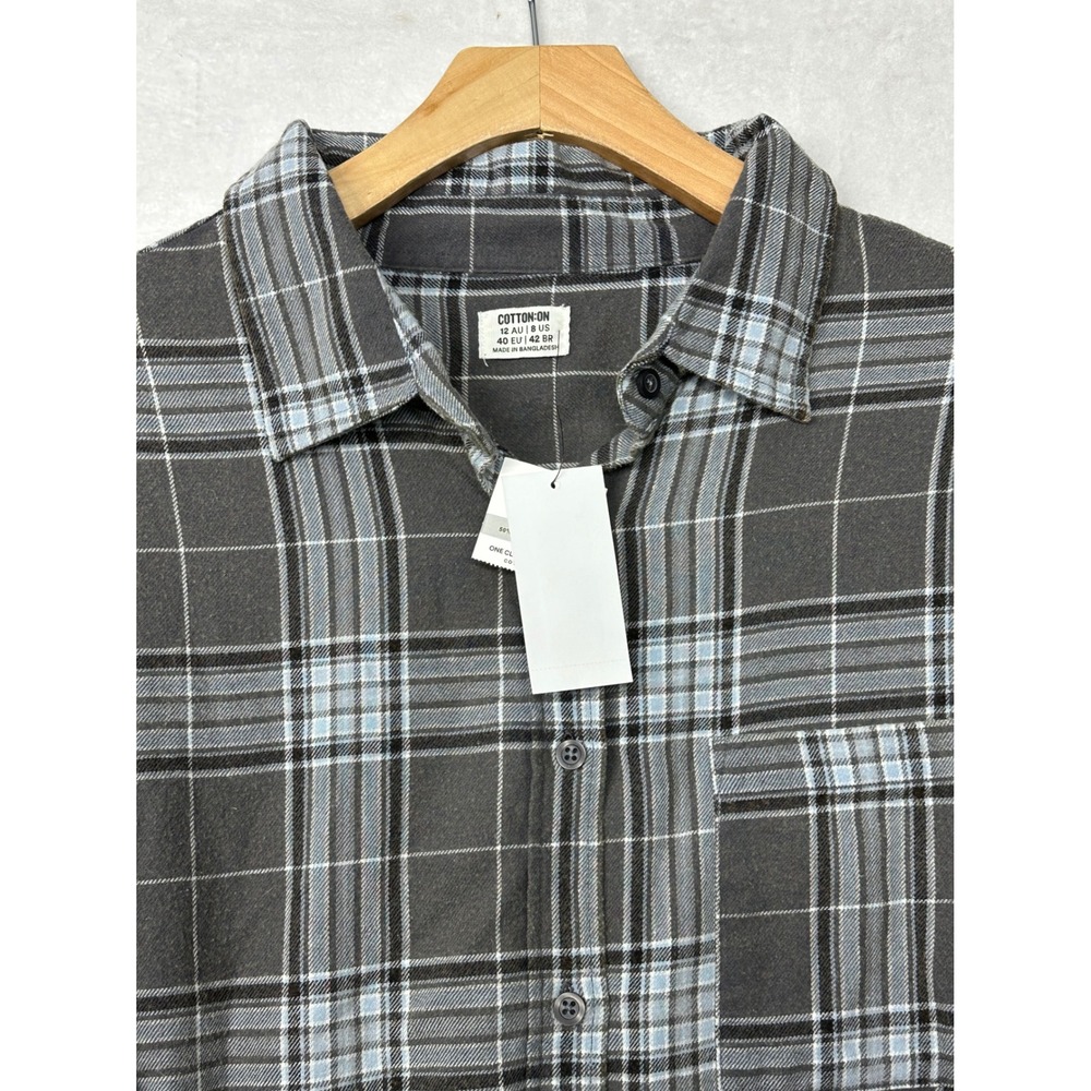 NWT Cotton On Plaid Flannel Long Sleeve Button Up Shirt Women's Gray Blue